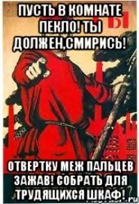 Пусть в комнате пекло! Ты должен,смирись! Отвертку меж пальцев зажав! Собрать для трудящихся шкаф!