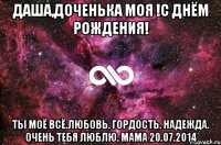 Даша,доченька моя !С Днём Рождения! Ты моё всё.Любовь. Гордость. Надежда. Очень тебя люблю. Мама 20.07.2014