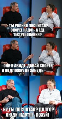 - Ты ролики посчитал? Скорее надо! - А где техтребования? - Они в авиде. Давай скорее. И подложку не забудь - ........ - Ну ты посчитал? Долго? ЛЮДИ ЖДУТ!!! - ПОхуй!