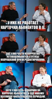 У них не работает карточка абонентов в IE. Ещё у них часто некорректно устанавливаются статусы направлений при их редактировании. Зато у них есть фонарики на карточке абонентов. И ещё никому ненужная фильтрация по периодам.