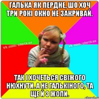 Галька як пердне, шо хоч три рокі окно не закривай. Так і хочеться свіжого нюхнути. А не Галькіного, та ще й з жопи.