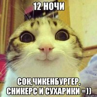 12 ночи сок,чикенбургер, сникерс и сухарики =))