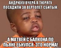 Андрюху вчера в тюрягу посадили за вертолет сбитый. А Матвей с балкона по пьяне ебнулся. Это норма!