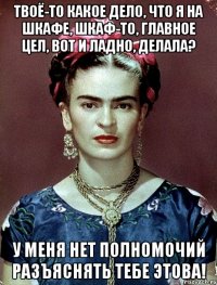 Твоё-то какое дело, что я на шкафе, шкаф-то, главное цел, вот и ладно, делала? У меня нет полномочий разъяснять тебе этова!