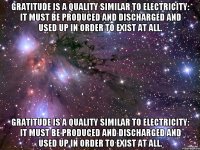 Gratitude is a quality similar to electricity: it must be produced and discharged and used up in order to exist at all. Gratitude is a quality similar to electricity: it must be produced and discharged and used up in order to exist at all.