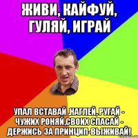 Живи, кайфуй, гуляй, играй упал вставай ,наглей, ругай - чужих роняй,своих спасай - держись за принцип-выживай!