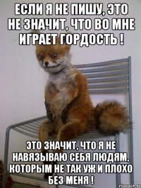 Если я не пишу, это не значит, что во мне играет гордость ! Это значит, что я не навязываю себя людям, которым не так уж и плохо без меня !