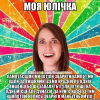 моя юлічка памятаєш як ми хотіли зварити кампот ми ішли за вишнями ідемо крадем по одній вишенці бо ше запалять хтіли піти ше на одне місце але думаєм да нуйго нафіг з тим кампотом колись зварю в майбутньому)))*