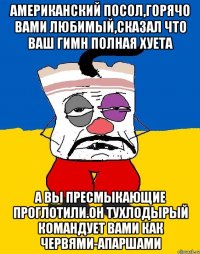 Американский посол,горячо вами любимый,сказал что ваш гимн полная хуета А вы пресмыкающие проглотили.он тухлодырый командует вами как червями-апаршами