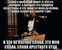 ЗАКОН О КОРРУПЦИИ ПИШУТ ТЕ, КТО ЕГО НАРУШАЕТ, А НАРУШАЕТ ЕГО ГЛАВШПАН ВСЕЯСТРАНЫ, И ЭТО ЗНАЮТ ОТ МАЛА ДО ВЕЛИКА, ТАКОВА СЕЛАВИ КАК ГОВОРЯТ У НИХ. И ЭТО НЕ ПУСТЫЕ СЛОВА, ЭТО МОИ СЛОВА, СЛОВА КРЕСТНОГО ОТЦА.