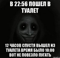 В 22:56 пошел в туалет 12 часов спустя вышел из туалета время было 10:00 вот не повезло пугать