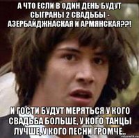 а что если в один день будут сыграны 2 свадьбы - азербайджнаская и армянская??! и гости будут меряться у кого свадьба больше, у кого танцы лучше, у кого песни громче..
