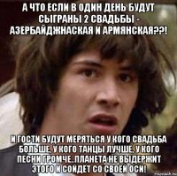 а что если в один день будут сыграны 2 свадьбы - азербайджнаская и армянская??! и гости будут меряться у кого свадьба больше, у кого танцы лучше, у кого песни громче..Планета не выдержит этого и сойдёт со своей оси!