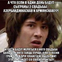 а что если в один день будут сыграны 2 свадьбы - азербайджнаская и армянская??! и гости будут меряться у кого свадьба больше, у кого танцы лучше, у кого песни громче..А вдруг планета не выдержит этого и сойдёт со своей орбиты?!