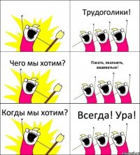 Всегда! Ура! Трудоголики! Чего мы хотим? Пахать, вкалывть, зашиваться! Когды мы хотим? 