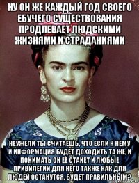 Ну он же каждый год своего ебучего существования продлевает людскими жизнями и страданиями Неужели ты считаешь, что если к нему и информация будет доходить та же, и понимать он её станет и любые привилегии для него также как для людей останутся, будет правильным?