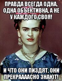 Правда всегда одна, одна объективна, а не у каждого своя! И что они пиздят, они прекраааасно знают!