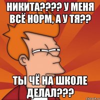 Никита???? У меня всё норм, а у тя?? Ты чё на школе делал???