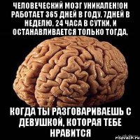 человеческий мозг уникален!он работает 365 дней в году, 7дней в неделю, 24 часа в сутки, и останавливается только тогда, когда ты разговариваешь с девушкой, которая тебе нравится