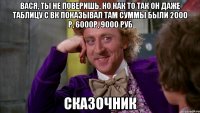 Вася, ты не поверишь, но как то так он даже таблицу с ВК показывал там суммы были 2000 р, 6000р, 9000 руб сказочник