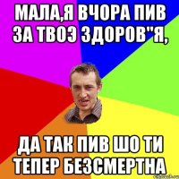 Мала,я вчора пив за твоэ здоров"я, да так пив шо ти тепер безсмертна
