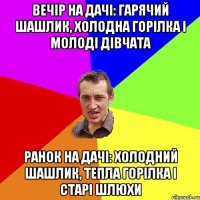 Вечір на дачі: гарячий шашлик, холодна горілка і молоді дівчата Ранок на дачі: холодний шашлик, тепла горілка і старі шлюхи