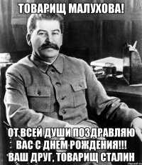 Товарищ Малухова! От всей души поздравляю Вас с Днем Рождения!!! Ваш друг, товарищ Сталин
