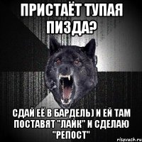 Пристаёт тупая пизда? Сдай её в бардель) И ей там поставят "Лайк" и сделаю "Репост"