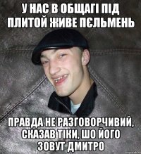 У нас в общагі під плитой живе пєльмень правда не разговорчивий, сказав тіки, шо його зовут Дмитро