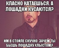 Класно катаешься. А лошадки кусаются? Им в стойле скучно. Зачем ты бьешь лошадку хлыстом?