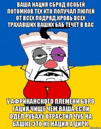 Ваша нация сброд особей потомков тех кто получал люлей от всех подряд.кровь всех трахавших ваших баб течёт в вас У африканского племени боро гация чище чем ваша.если одел рубаху отрастил чуб на башке это не нация а цирк.