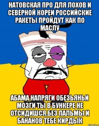 Натовская про для лохов и северной кореи российские ракеты пройдут как по маслу Абама напряги обезьяньи мозги ты в бункере не отсидишся.без пальмы и бананов тебе кирдык