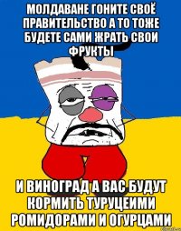 Молдаване гоните своё правительство а то тоже будете сами жрать свои фрукты И виноград а вас будут кормить туруцеими ромидорами и огурцами