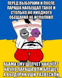 Перед выборами и после параша наобещал такое и столько.но ниодного обещания не исполнил Абама ему шепчет как чёрт на ухо параша впм брешет а вы дурни уши развесили