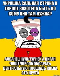 Украшка сальная страна в европе захотела быть.но кому она там нужна? Албанец культурней а циган чище укропа.обосрать центральную площадь киева это круто