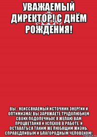 Уважаемый директор! С днём Рождения! Вы - неиссякаемый источник энергии и оптимизма! Вы заряжаете трудолюбием своих подопечных! Я желаю Вам процветания и успехов в работе, и оставаться таким же любящим жизнь, справедливым и благородным человеком!