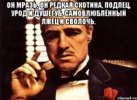Он мразь, он редкая скотина, подлец, урод и душегуб. Самовлюблённый лжец и сволочь. 