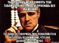 Ты просишь меня скинуть тебе таблицу по иогп, но ты просишь без уважения ты даже не говоришь мне пожалуйста и не берешь во внимание, что она делалась целый час