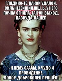 Глядика-те, какой удалой, сильнееейший жш, Ь, у него почка сгнила, так он выход, паскуда, нашёл - к нему сааам, о чудо и провидение, донор-доброволец пришёл!