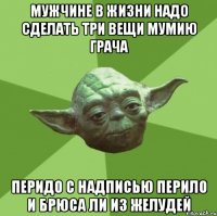 мужчине в жизни надо сделать три вещи мумию грача перидо с надписью перило и брюса ли из желудей