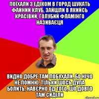 поїхали з едіком в город шукать файний клуб, зайшли в якийсь красівий, голубий фламінго називаєця видно добре там побухали, бо нічо не помню, тільки шось дупа болить, навєрно од того, шо довго там сиділи