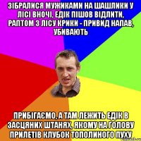 зібралися мужиками на шашлики у лісі вночі, едік пішов відлити, раптом з лісу крики - привид напав, убивають прибігаємо, а там лежить едік в засцяних штанях, якому на голову прилетів клубок тополиного пуху