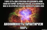 У вас есть два способа предложить нам свои Истории. первый способ это написать мне в лс второй способ написать нам в Ask Анонимность гарантируем 100%