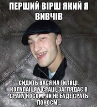 перший вірш який я вивчів Сидить Вася на гиляці. колупаїця у сраці, заглядає в сраку носом. чи не буде срать поносм...