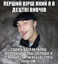 перший вірш який я в дєцтві вивчів Сидить Вася на гиляці, колупаїця у сраці, заглядає в сраку носом, чи не буде срать поносом...