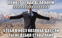 ПРИВЕТ ЧЕ КАК ДЕЛА НОРМ ???????????????? У ТЕБЯ В НОСУ КОЗЯВКА ДА ЕСЛИ ТЫ НЕ ДЕБИЛ СТАВЬ ЛАЙК