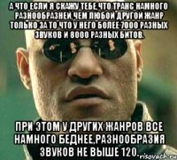 А что если я скажу тебе,что транс намного разнообразней,чем любой другой жанр только за то что у него более 7000 разных звуков и 8000 разных битов. При этом у других жанров все намного беднее,разнообразия звуков не выше 120.