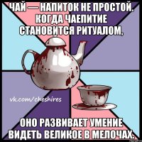 Чай — напиток не простой. Когда чаепитие становится ритуалом, оно развивает умение видеть великое в мелочах.