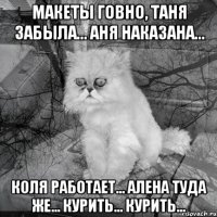 Макеты говно, Таня забыла... Аня наказана... Коля работает... Алена туда же... Курить... Курить...