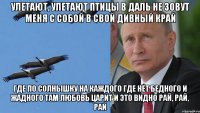 Улетают, улетают птицы в даль Не зовут меня с собой в свой дивный край Где по солнышку на каждого Где нет бедного и жадного Там любовь царит И это видно рай, рай, рай